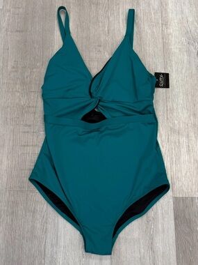 City Chic Teal Twist Front Cut Out Swimsuit - Size 14